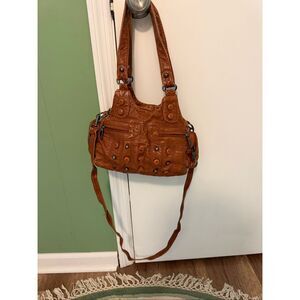 Soft Genuine Leather Brown Shoulder Bag Multi Pocket Studded Hobo